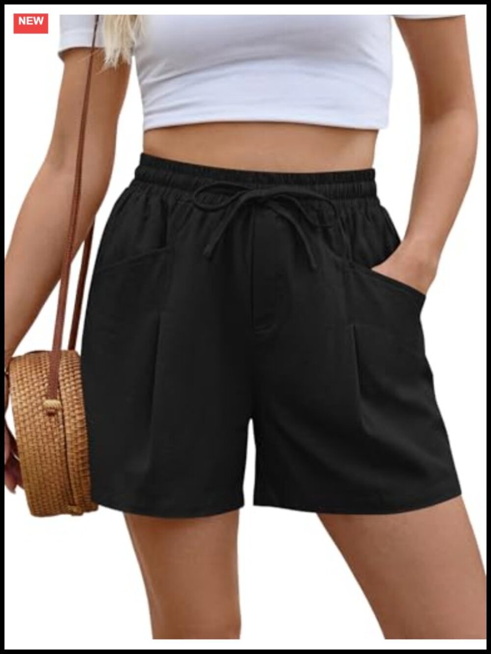 Linen Cotton Blend Wide Leg Drawstring Shorts with Pockets